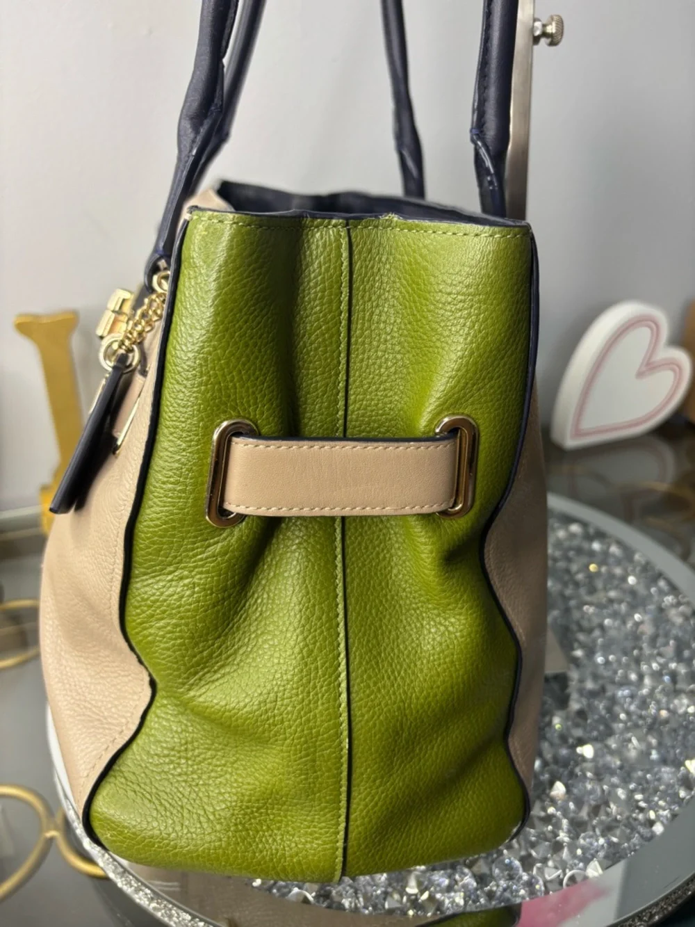 Coach 2015 Swagger Carryall Colorblock Leather Tote Satchel STONE Green Navy EUC - Picture 7 of 15